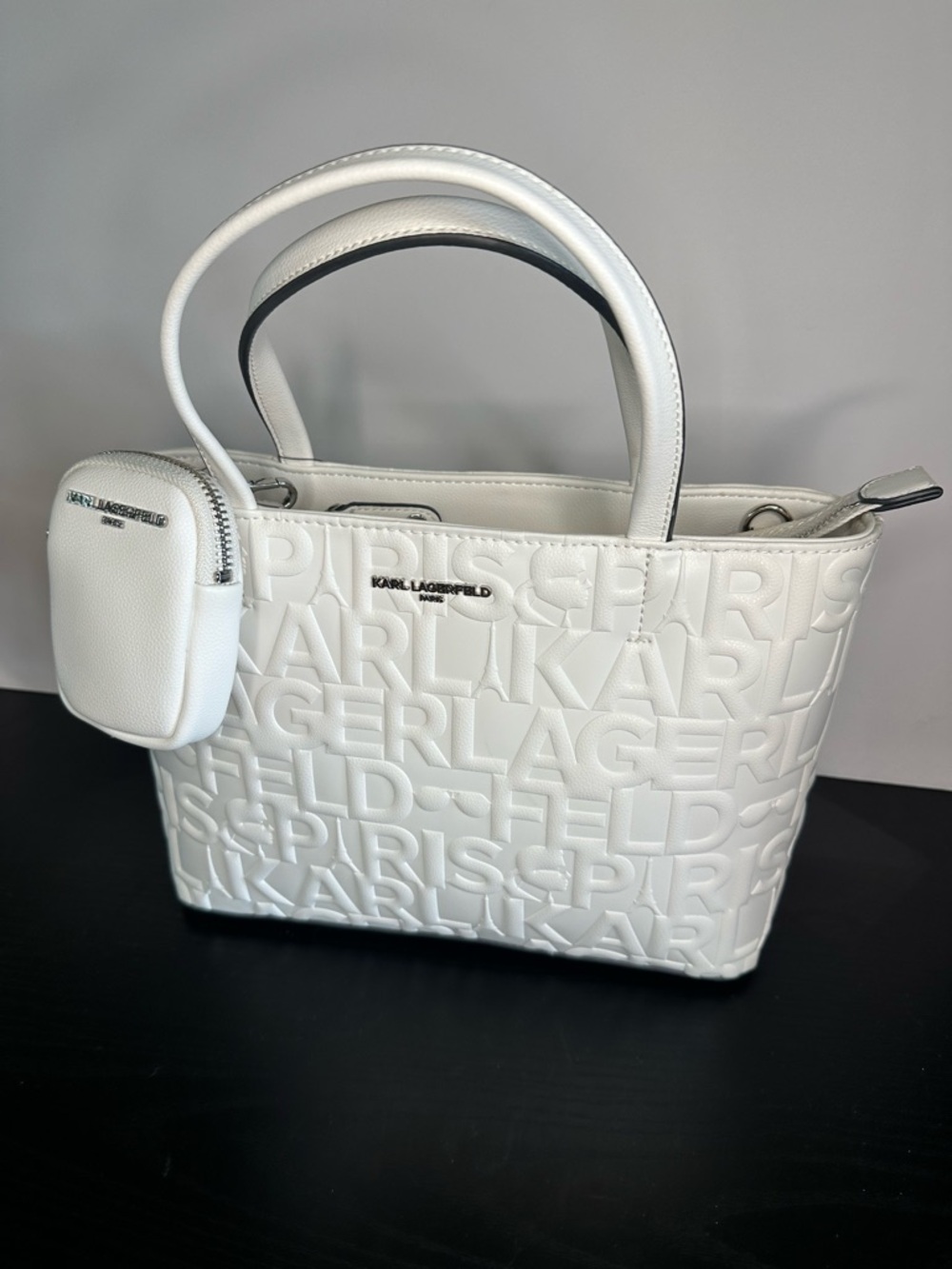 Karl Lagerfeld Maybelle White Embossed Logo Crossbody Satchel with Pouch